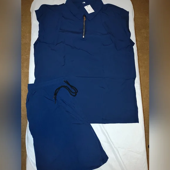 Men's Blue Quarter Zip Up  Shorts Set - Picture 2 of 4